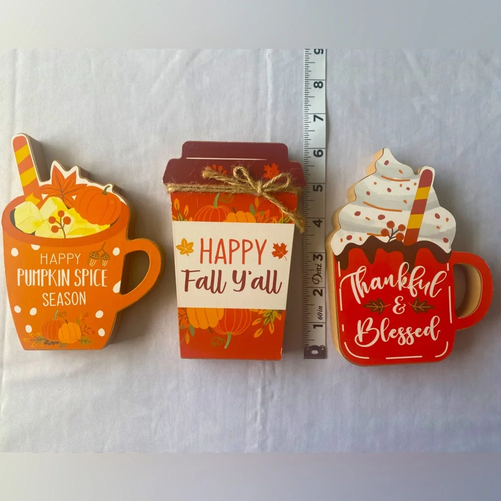 3Pcs Fall Season Chunky‎ Wood Decor Coffee Mugs Happy Pumpkin Spice Season Happy